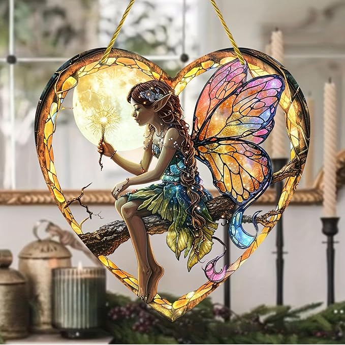 Flower Fairy Acrylic Window Hanging, Stained Glass Suncatcher, Holiday and Christmas Decorations, Heart Shaped Elf Girl Art, Chroma