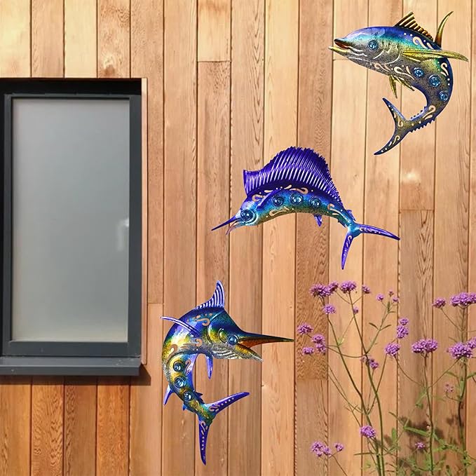 Metal Fish Wall Art Decor, 3-Piece Marlin Tuna Swordfish Set, Blue and Gold Tropical Ocean Theme Outdoor Wall Mother's Day Decor for Patio Garden Yard, Decorative Hanging Sculptures Mother's Day Decoration Gift