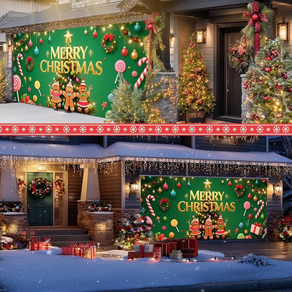 IVN Green Candy Christmas Garage Door Banner 6x13 ft Holiday Backdrop with Gingerbread Ornaments Garage Door Covers Decorative Garage Door Cover Mural for Outdoor Wall Decor