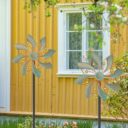 Wind Sculpture for Outside Standing Vintage Wind Spinner Yard Art Decorations Metal Windmill for Outdoor Patio Lawn Garden Decor (2pcs-Green)
