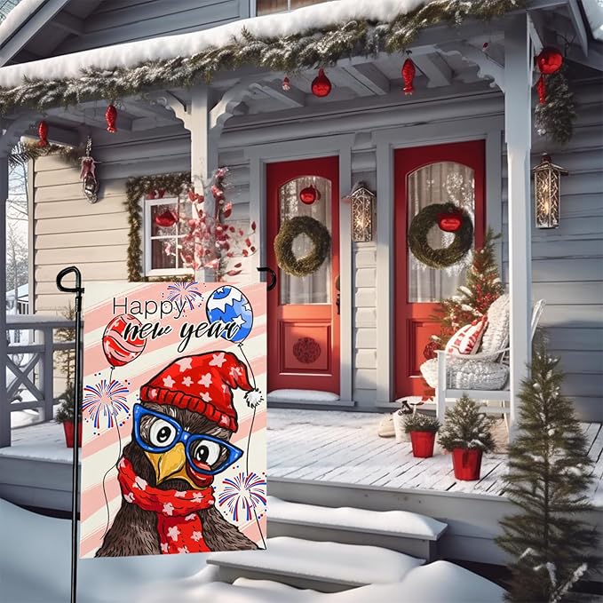 Happy New Year Chicken Garden Flag Funny Rooster with Glasses Balloons & Fireworks Yard Flags Holiday Cute Cock House Banners Decoration for Outdoor Lawn or Porch 12x18 Inch