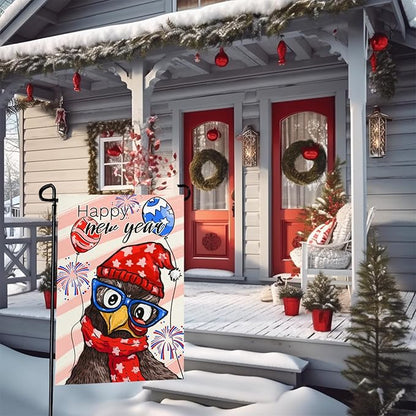 Happy New Year Chicken Garden Flag Funny Rooster with Glasses Balloons & Fireworks Yard Flags Holiday Cute Cock House Banners Decoration for Outdoor Lawn or Porch 12x18 Inch
