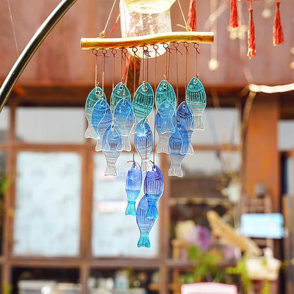 H&D HYALINE & DORA 23" Blue Glass Sea Wind Chimes - Handcrafted Fish Wind Chimes for Outside, Beach Party & Wedding Decor