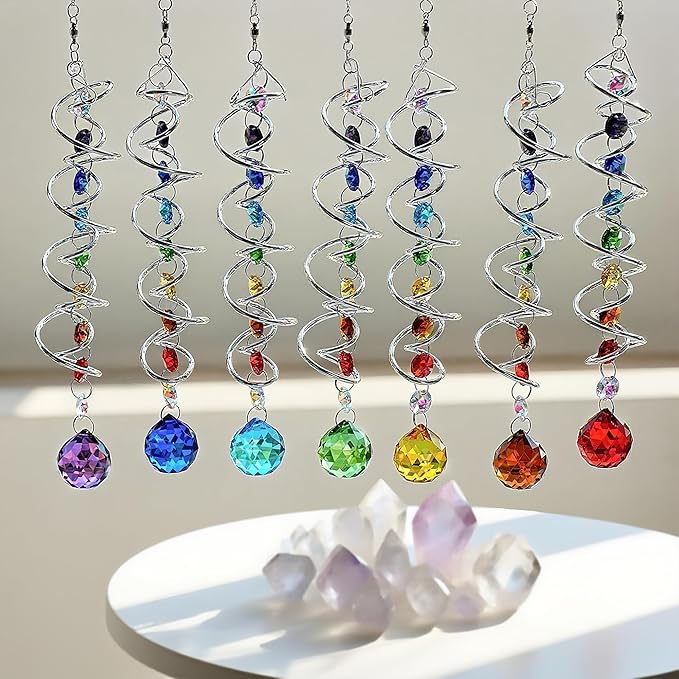 7 Chakra Crystal Sun Catcher Hanging Crystal Prisms Ornaments with 20mm Rainbow Beads for Window Garden Indoor Home Decor