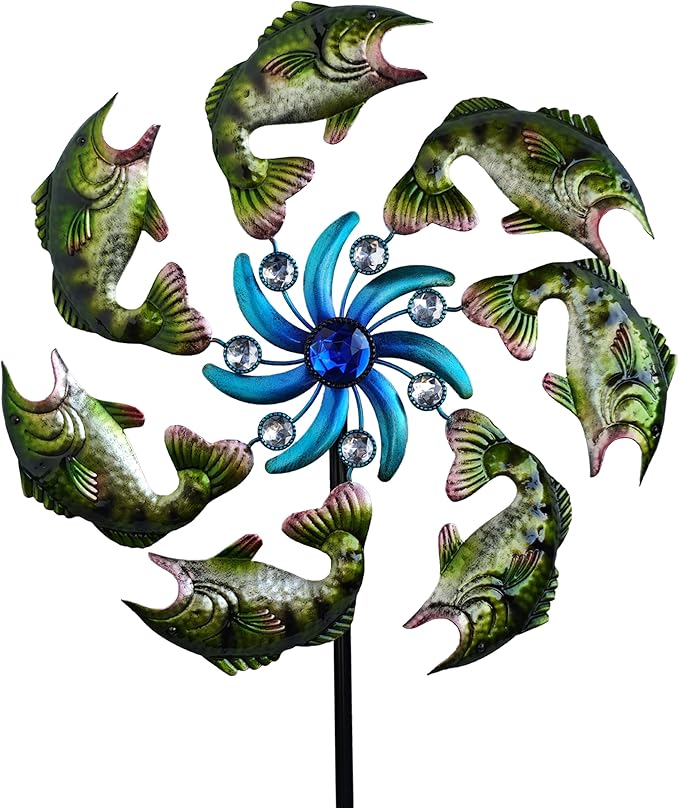 58" Metal Green Fish Wind Spinners Garden Stake -Ocean Theme Windmill Outdoor Decorations, Colorful Garden Wind Spinner Outside Decor, Wind Sculptures Lawn Decor for Yard Patio, Backyard