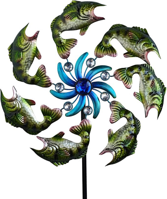 58" Metal Green Fish Wind Spinners Garden Stake -Ocean Theme Windmill Outdoor Decorations, Colorful Garden Wind Spinner Outside Decor, Wind Sculptures Lawn Decor for Yard Patio, Backyard