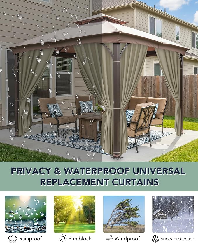 Patio Curtains Outdoor Waterproof - 10'Wx12'Lx7'H Weatherproof Pergola Outside Curtains, Gazebo Universal Replacement Privacy Curtains, 4 Panels Sidewall Drapes with Zipper, Taupe