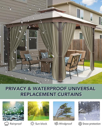 Patio Curtains Outdoor Waterproof - 10'Wx12'Lx7'H Weatherproof Pergola Outside Curtains, Gazebo Universal Replacement Privacy Curtains, 4 Panels Sidewall Drapes with Zipper, Taupe