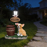 Solar Garden Statue with Planter & Solar Lantern, Outdoor Resin Animal Sculpture, Waterproof Yard Lawn Decor Pot for Succulents, Front Porch Ornament Housewarming Gift (Sitting Corgi)