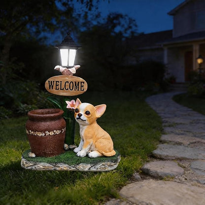 Solar Garden Statue with Planter & Solar Lantern, Outdoor Resin Animal Sculpture, Waterproof Yard Lawn Decor Pot for Succulents, Front Porch Ornament Housewarming Gift (Sitting Corgi)