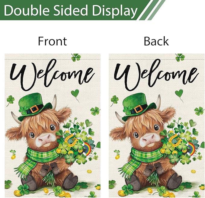 Heyfibro Welcome St. Patrick's Day Garden Flag 12x18 Double Sided Burlap, Highland Cow with Shamrock Bouquet & Green Plaid Scarf Yard Flag for Spring Seasonal Irish Farmhouse Outdoor Decor(ONLY FLAG)