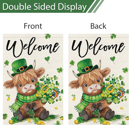 Heyfibro Welcome St. Patrick's Day Garden Flag 12x18 Double Sided Burlap, Highland Cow with Shamrock Bouquet & Green Plaid Scarf Yard Flag for Spring Seasonal Irish Farmhouse Outdoor Decor(ONLY FLAG)
