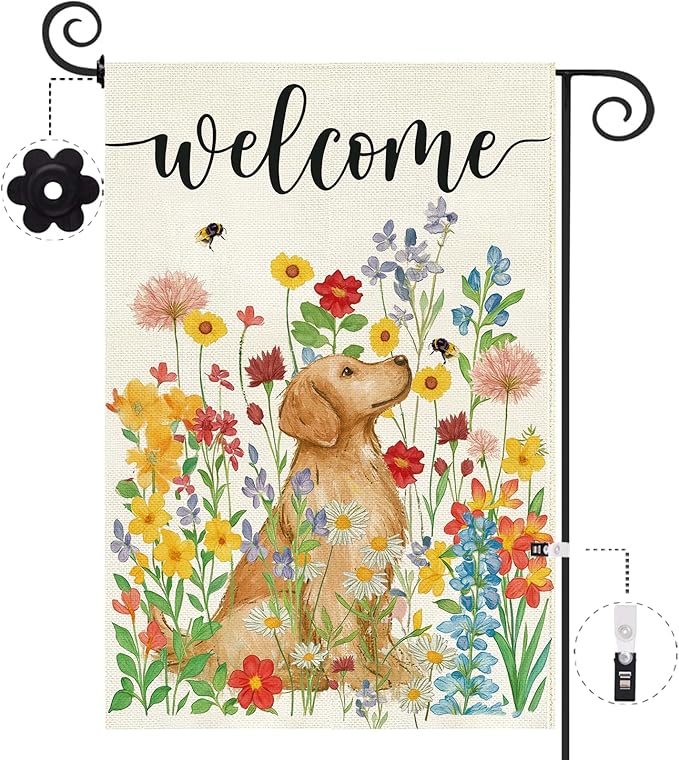 Baccessor Spring Summer Dog Garden Flag 12.5x18 Inch Double Sided Burlap,Floral Flowers Flag Farmhouse Holiday Front Yard Lawn Outdoor Outside Decoration