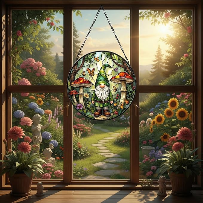 Gnome Stained Glass Suncather for Window Hanging with Mushroom & Butterfly, 6.3'' Forest Gnome Ornament Gift for Women, Whimsical Home Decor Gifts for Mom Grandma (Green Gnome, 6.3'')