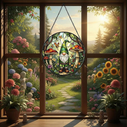 Gnome Stained Glass Suncather for Window Hanging with Mushroom & Butterfly, 6.3'' Forest Gnome Ornament Gift for Women, Whimsical Home Decor Gifts for Mom Grandma (Green Gnome, 6.3'')