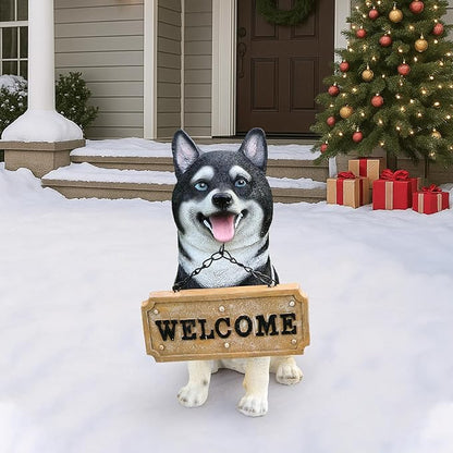 Akita Dog Garden Statue with Solar Lantern Light, Outdoor Resin Puppy Animal Figurine with Double-Sided Welcome & On Patrol Sign, 11.4" Yard Art Decor for Patio Lawn Porch Dog Lover Gift