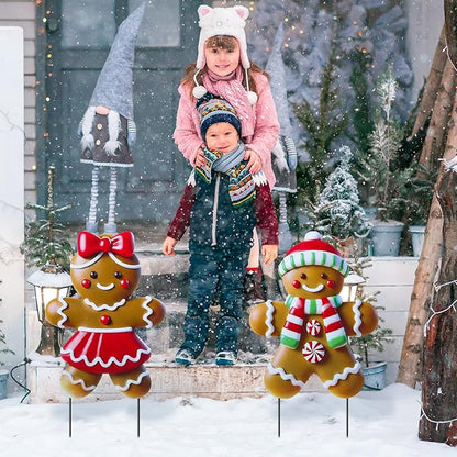 2 Pack Christmas Yard Stakes Metal Stakes 3D Boy and Girl Yard Sign Christmas Outdoor Decorations for Outside Holiday Xmas Winter Ornament Lawn Pathway (Classic Gingerbread Man Couple)