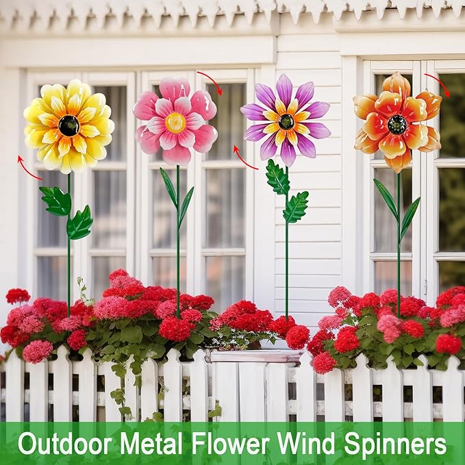 Wind Spinners Garden Decor,4 Pack Colorful Flower Garden Stakes for Outdoor Decorations,Metal Wind Spinner Yard Stake for Patio,Lawn