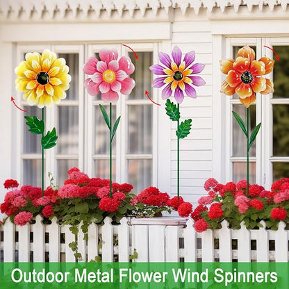Wind Spinners Garden Decor,4 Pack Colorful Flower Garden Stakes for Outdoor Decorations,Metal Wind Spinner Yard Stake for Patio,Lawn
