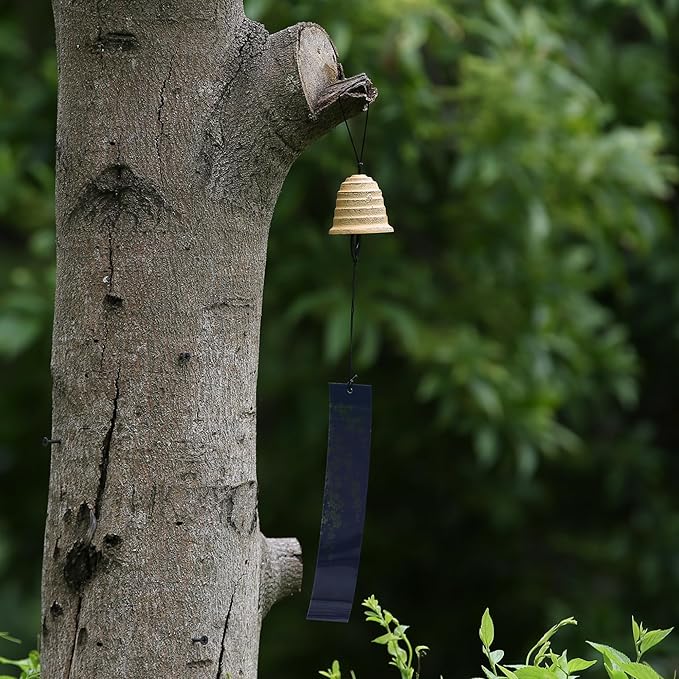 Japanese Wind Chime Cast-Iron Outdoor Ornament for Garden, Patio & Balcony, Hanging Metal Wind-Bell Decoration Gift, Blessing Pendant Windchimes & PVC Wind-Catcher, Waterline - Yellow