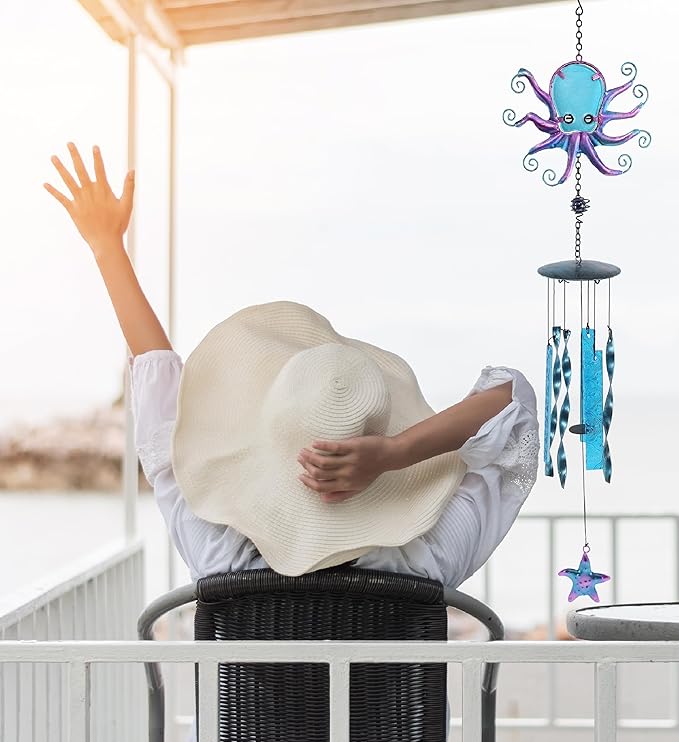 CoTa Global Octopus Wind Chime - Handmade Glass and Metal Chime - Ocean Life Hanging Decor - Colorful Home Decor Gift, Indoor and Outdoor Hanging Decoration for Porch, Patio and Garden – 27.5 Inches