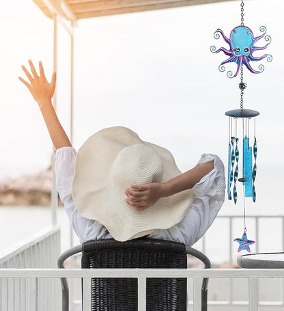CoTa Global Octopus Wind Chime - Handmade Glass and Metal Chime - Ocean Life Hanging Decor - Colorful Home Decor Gift, Indoor and Outdoor Hanging Decoration for Porch, Patio and Garden – 27.5 Inches