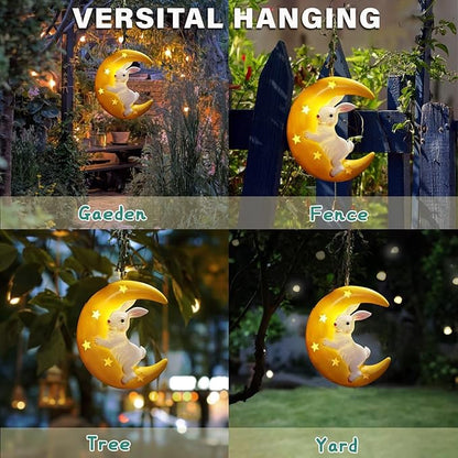 JoyBlooms Solar Garden Decor Bunny Garden Statue Solar Hanging Statue 9.36" L*7.8" W Outdoor Hanging Decorations for Patio Yard Gifts for Mom Grandma Housewarming-Hugging Bunny