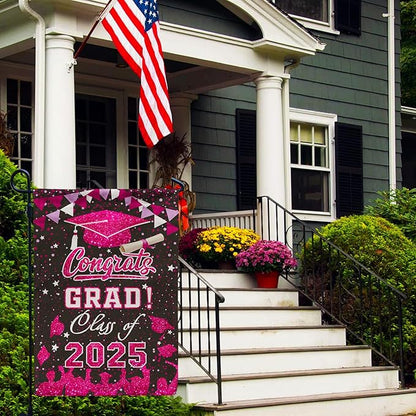 Graduation Garden Flag Class of 2025 Pink Congrats Grade Flag for Outside Party Hanging Decorations 12x18 Inch Burlap