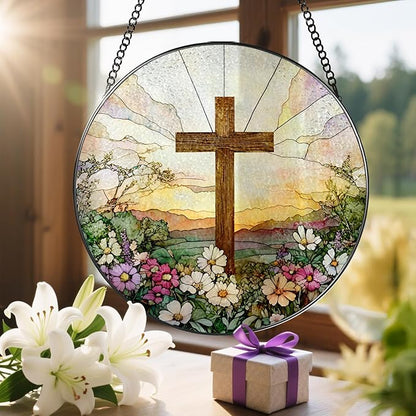 8 Inch Stained Glass Cross and Wildflowers Suncatcher Christian Stained Glass Windows Hanging Flower Cross Gift for Religious Easter Faith Christian Gifts Religious Home Decor