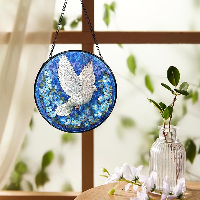 White Dove Bird Suncatchers Stained Glass Window Hanging, Forget Me Not Flower Pigeon Sun Catchers Indoor Window Glass Round Wall Decor, Bird Floral Wall Hanging Decorations, 7.9x7.9in