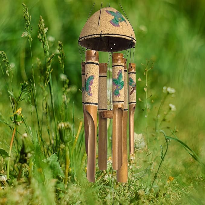Bellaa 20346 Bamboo Wind Chimes Sea Sand Art Painting Hummingbird Butterfly Dragonfly Handmade Windchimes Outdoor Garden Patio Gifts 32 Inch (Green Sand)