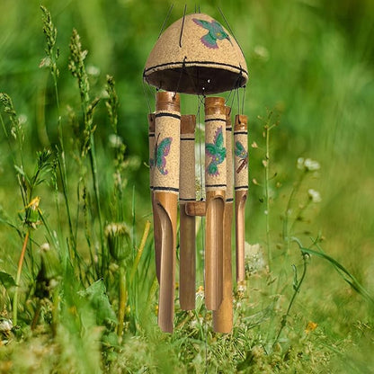 Bellaa 20346 Bamboo Wind Chimes Sea Sand Art Painting Hummingbird Butterfly Dragonfly Handmade Windchimes Outdoor Garden Patio Gifts 32 Inch (Green Sand)