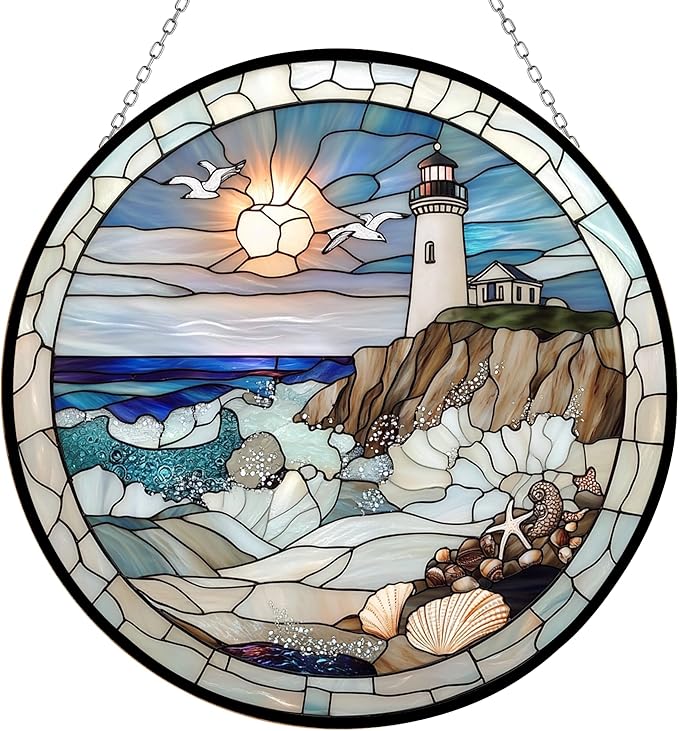 Coastal Lighthouse Stained Glass Sun Catcher Mountain Stained Glass Window Hanging, Suncatchers Lavender Wall Decor, for Women/Friends/Lover