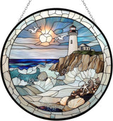 Coastal Lighthouse Stained Glass Sun Catcher Mountain Stained Glass Window Hanging, Suncatchers Lavender Wall Decor, for Women/Friends/Lover