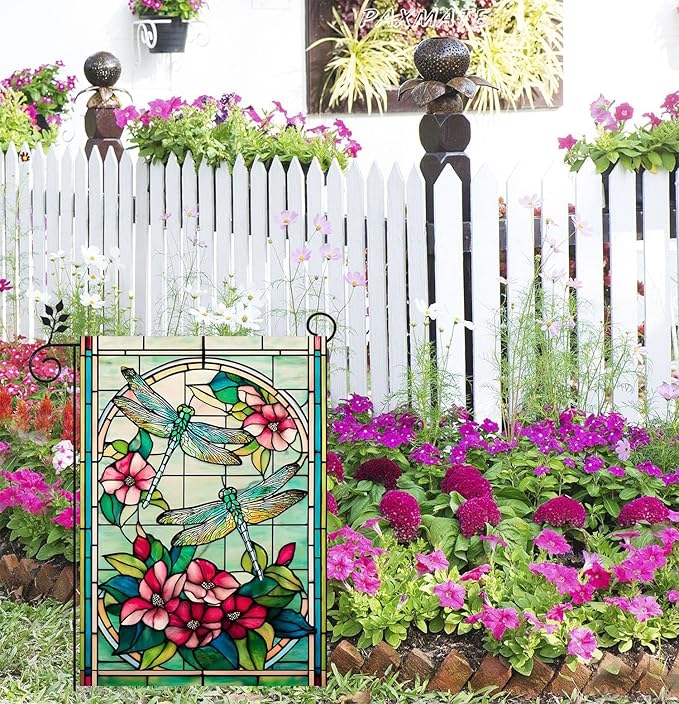 Spring Summer Dragonfly Garden Flag 12x18 Inch Double Sided, Stained Glass Dragonfly Floral Garden Flag for Outside, Colorful Flower Yard Flag Outdoor Lawn Porch Farmhouse Decor