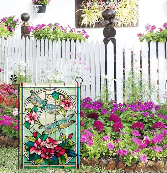 Spring Summer Dragonfly Garden Flag 12x18 Inch Double Sided, Stained Glass Dragonfly Floral Garden Flag for Outside, Colorful Flower Yard Flag Outdoor Lawn Porch Farmhouse Decor