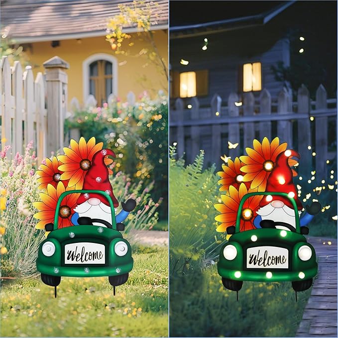 WONDER GARDEN Decorative Garden Stakes - Lighted Gnome Drive Truck Yard Sign Stakes with Sunflower, Spring Welcome Signs for Outdoor, Porch, Yard,Flower Bed Decor