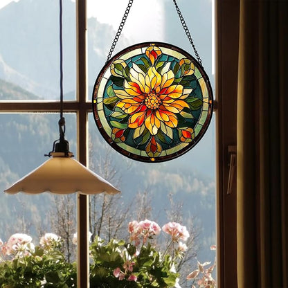 Stained Glass Window Hanging - Retro Yellow Flower Suncatcher for Door Garden Home Decor Dahlia Sun Catcher Christmas Birthday for Lovers Friend Women Mom Nana 6.3 in