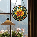 Stained Glass Window Hanging - Retro Yellow Flower Suncatcher for Door Garden Home Decor Dahlia Sun Catcher Christmas Birthday for Lovers Friend Women Mom Nana 7.8 in