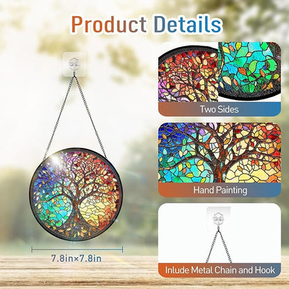 7.8 Inch Stained Glass Window Hanging Tree of Life Sun Catcher Indoor Window Door Wall Yard Garden Home Decor Colorful Glass Panel Suncatcher Gifts for Women Men Mom Grandma