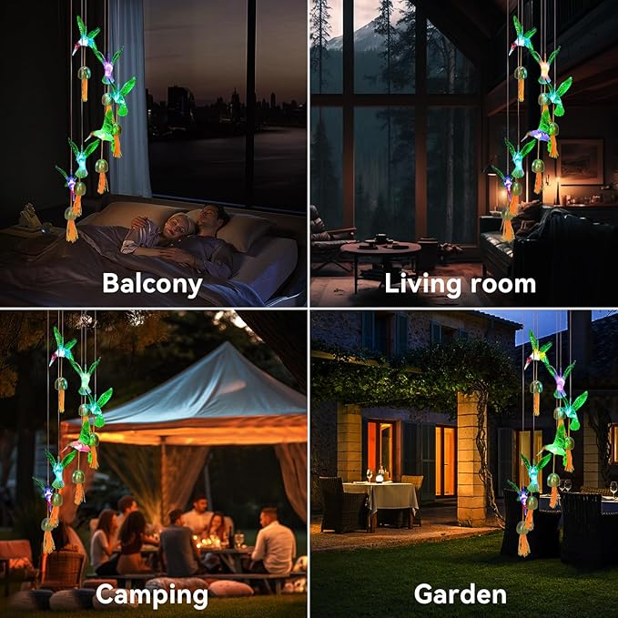 Hummingbird Gifts for Women Mom Grandma,Hanging Solar Wind Chimes for Outside,Waterproof LED Gardening Garden Decor Lights for Festival Birthday Gifts for Girlfriend Wife (Black Housing)