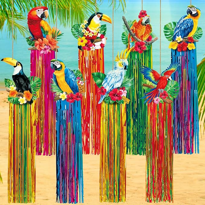 Affrolling 8 Pcs Tropical Birds Party Decoration Hawaiian Luau Tiki Jungle Theme Hanging Outdoor Decor with Tassels for Birthday Party Supplies 3.3 ft Summer Bird Toucan Leaf Garland Door Banner Sign