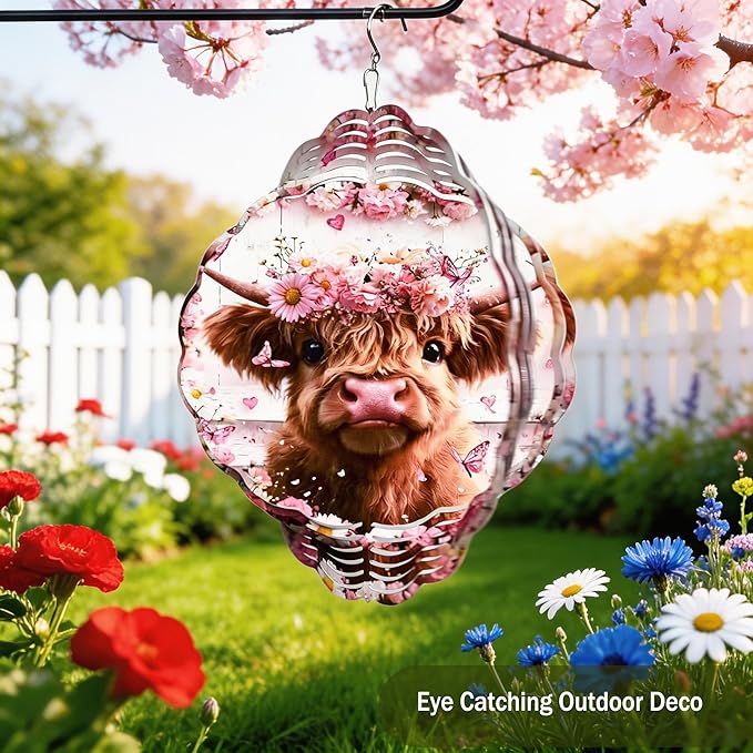 Wind Spinners Cute Cow Floral Crown Art 9.8 x 9.8 Inch Metal Wind Spinner Outdoor Garden Decor Soft Farm Illustration Decorative Wind Spinners for Yard Patio