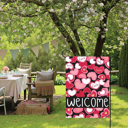 Valentines Day Garden Flag Welcome Love Heart Decorations Outdoor Yard Flags Romantic Red Pink Hearts Anniversary Holiday House Banners Seasonal Decor for Porch Patio Lawn Party 12×18 Inch