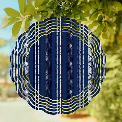 Abstract Geometric Striped Round Wind Spinner 10", 3D Stainless Steel Wind Spinners for Yard and Garden Navy Blue Indoor Outdoor Metal Hanging Craft Ornaments for Porch Lawn Home Party Decoration