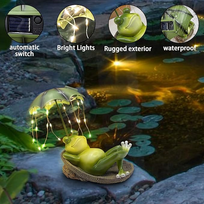 6.7" Solar Frog Garden Statue with Light Up Umbrella - IP65 Waterproof Resin Sculpture, Outdoor Figurine for Patio Yard Pond, Unique Gardening Gifts for Women/Mom