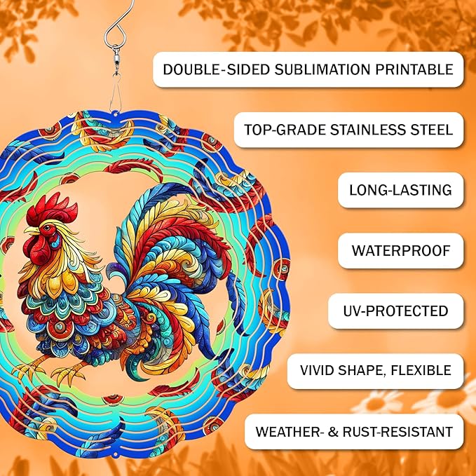 Rooster Wind Spinner, 3D Hanging Stainless Steel Garden Spinner, Wind Spinner Hanging for Outdoor & Indoor Décor, Unique Gifts for Yard Garden Decoration or Patio Décor (Rooster)