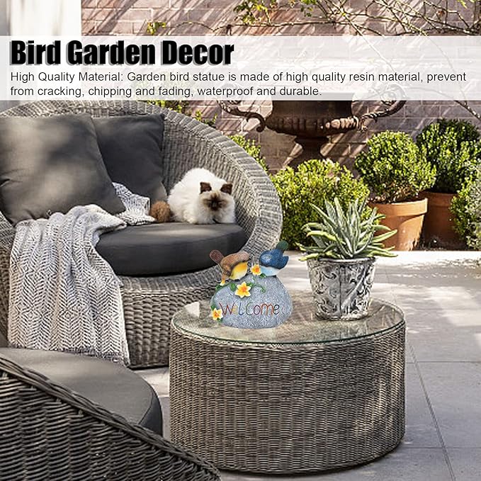 Birdy Welcome Garden Stone Statue,Cute Bird Animal Figurine,Figurines Welcome Sign for Patio Yard Lawn Home Shelf Decor Accent