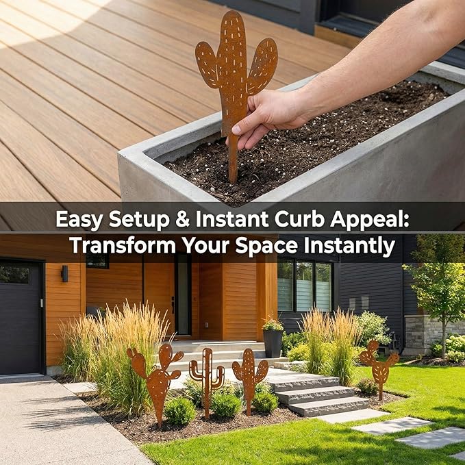 INSYOHO 4Pcs Metal Cactus Outdoor Decor, Prickly Pear Garden Sculptures & Yard Art Statues, Heavy Duty Metal Plants for Patio, Lawn, Backyard & Boho Bohemian Party Decorations