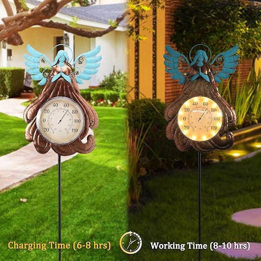MUMTOP Indoor Outdoor Thermometer - Angel Wall Thermometer, Solar Lights Decorative Temperature Thermometer with Garden Stake for Patio, Room, Greenhouse, Outside Decor